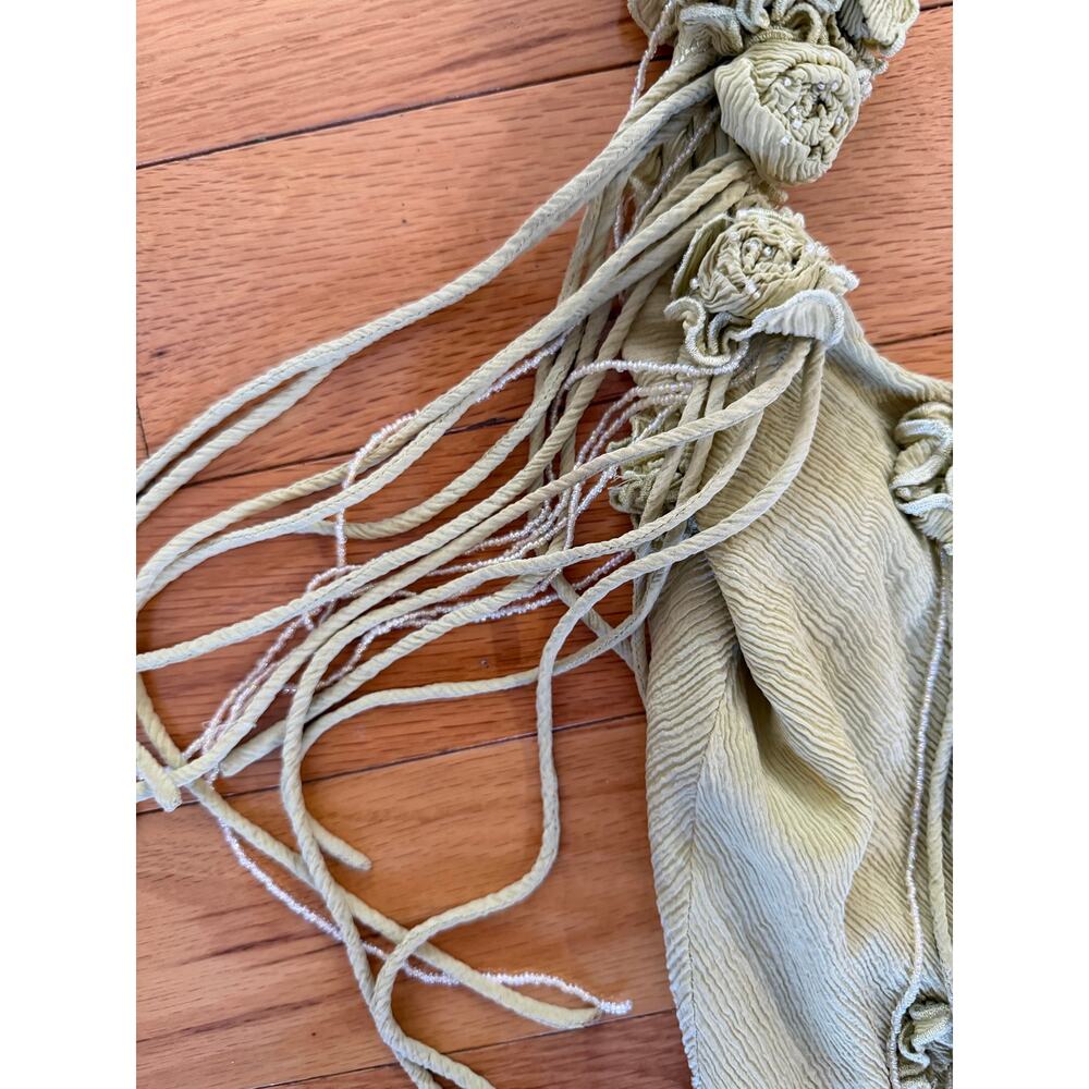 Vintage Y2K Cache Warm Green Beaded Rosette Fringe Asymmetric Slip Dress Fairy - Picture 2 of 8